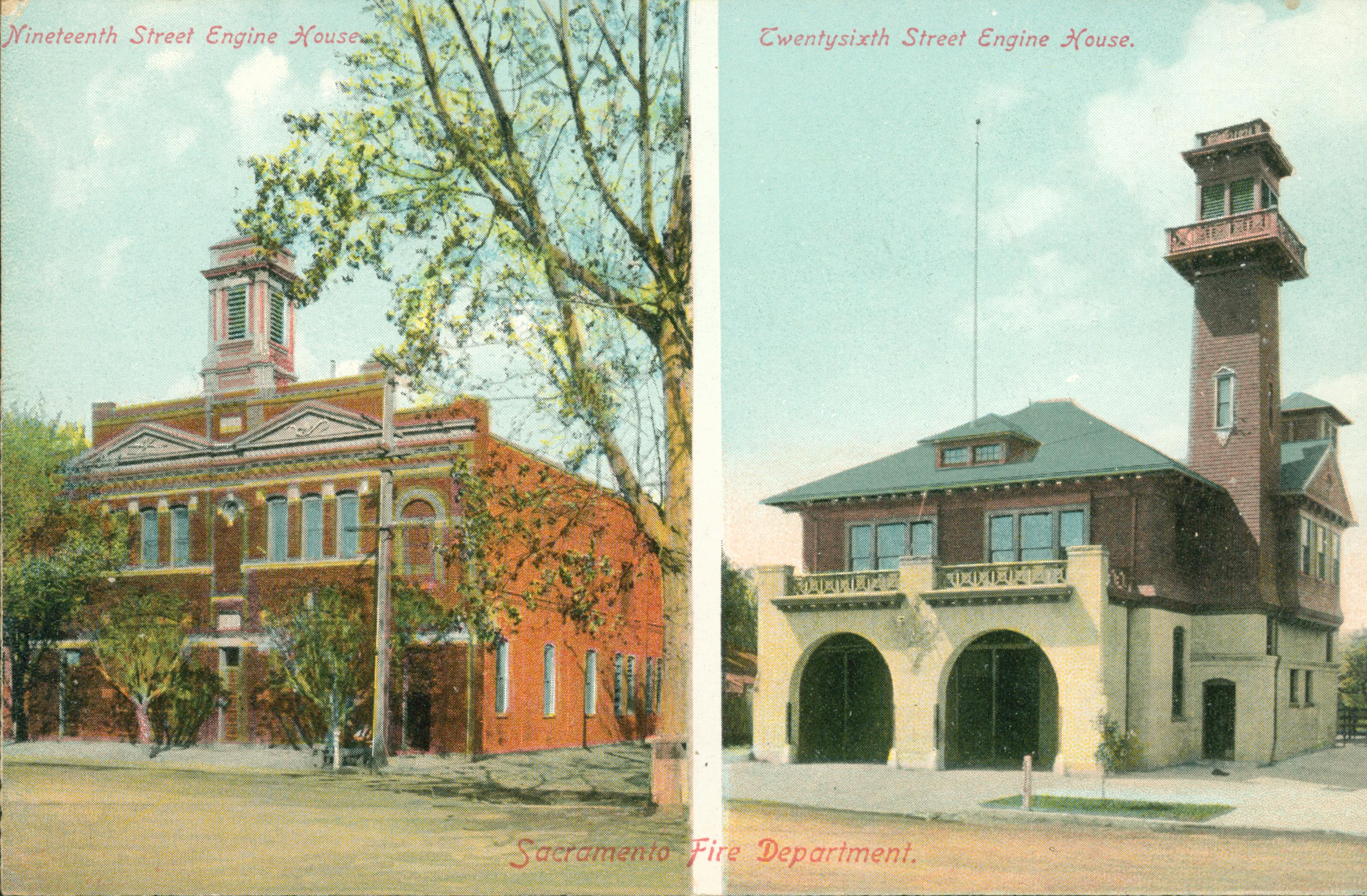 This postcard shows a view of the 15th street fire station on the left and the 26th street fire station on the right.
